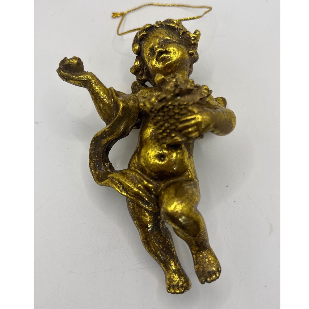 Vintage Gold Cherub‎ Angel Ornament Winged Putto with Fruit Basket 5 Inch